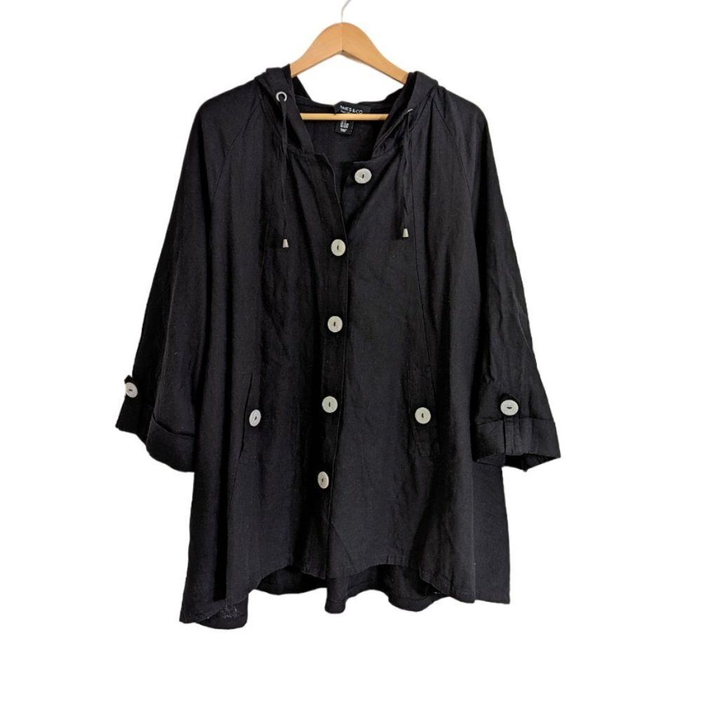 New Jones & Co Linen Blend Hooded Pockets High Low Lightweight Jacket Black Size
